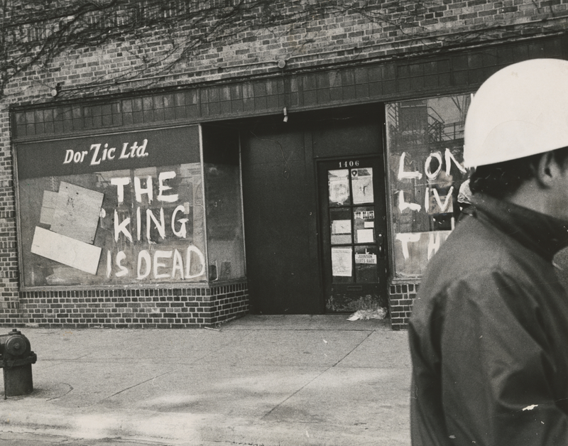 The King Is Dead” and “Long Live the King” are seen written on a store in the 1400 block of Chicago’s North Sedgwick Street on April 7, 1968, three days after Dr. Martin Luther King Jr.’s assassination. (Credit: Chicago Sun-Times)